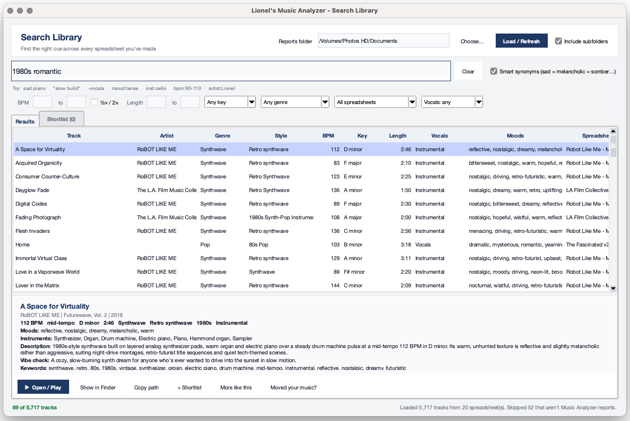 Search Library window in Lionel's Music Analyzer showing search results across all catalogs, filters for BPM, key, length and vocals, a track detail panel and a shortlist tab
